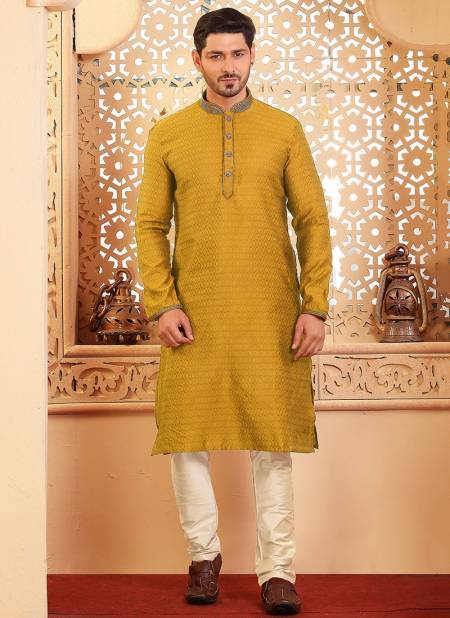 Yellow Colour TRENDY FEEL New Latest Poly Jacquard Fesive Wear Kurta Pajama Mens Collection TDY-KP-3